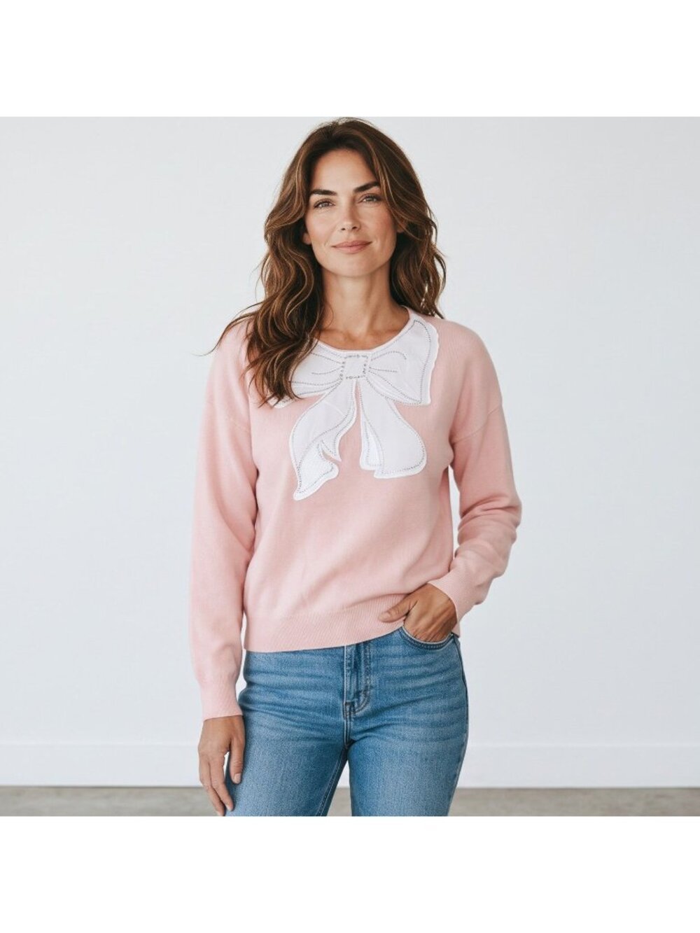 Ontwelfth Pink Sweater M Oversized Bow Rhinestone Embellished Coquette Knit
